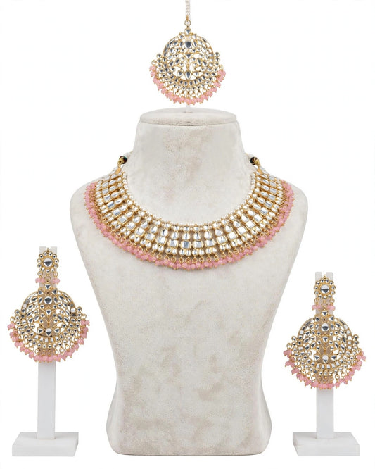 Baby pink Necklace / choker set in Kundan with oversized earrings and tikka ( high quality )- n69