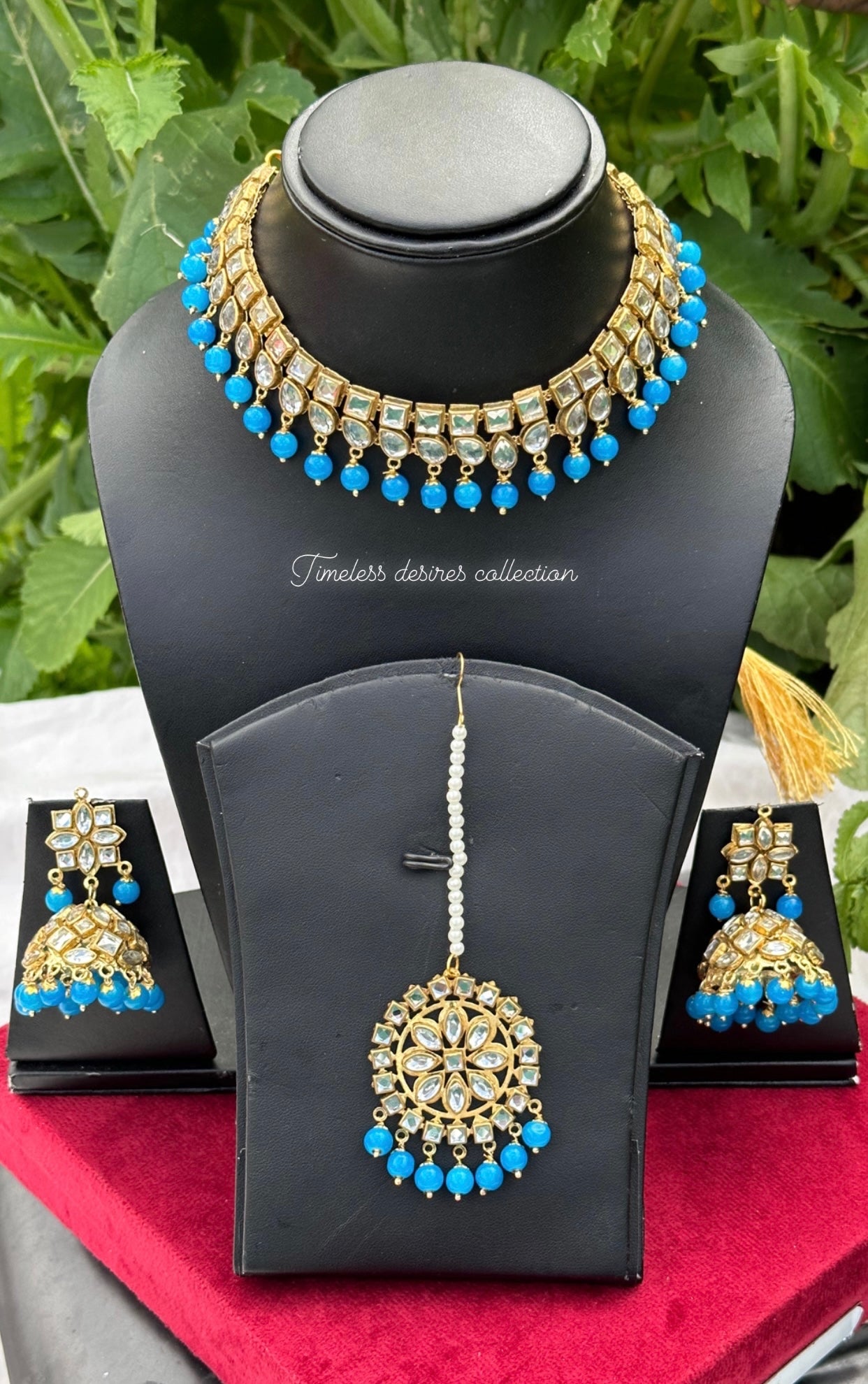 Sky blue or light blue choker / necklace set in Kundan