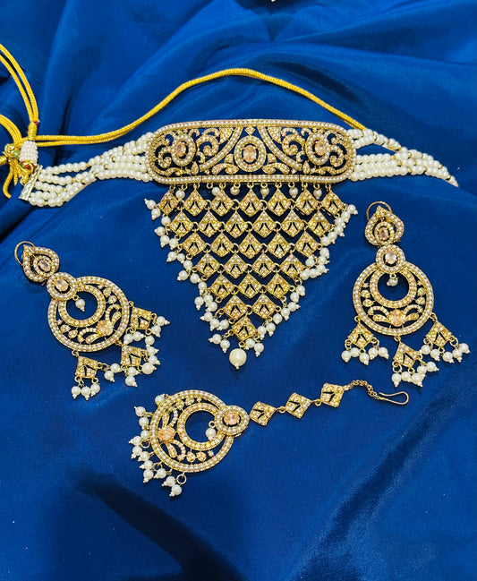 AD-Jadau Necklace set with earrings (Premium Quality), Colour: Golden, (Code: X12)