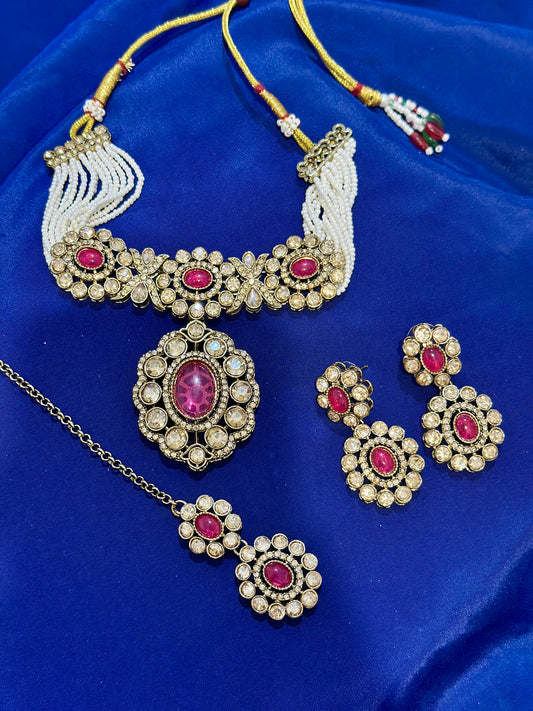 Stone Necklace set with earrings , Colour: Pink , (Code: X22)