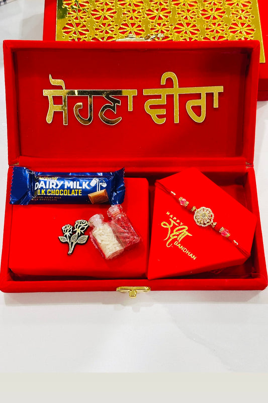 Sohna Veera Rakhi / Rakhdi gift hamper box - premium rakhdi ( Assorted Choc/Rakhi/Box Designs )
