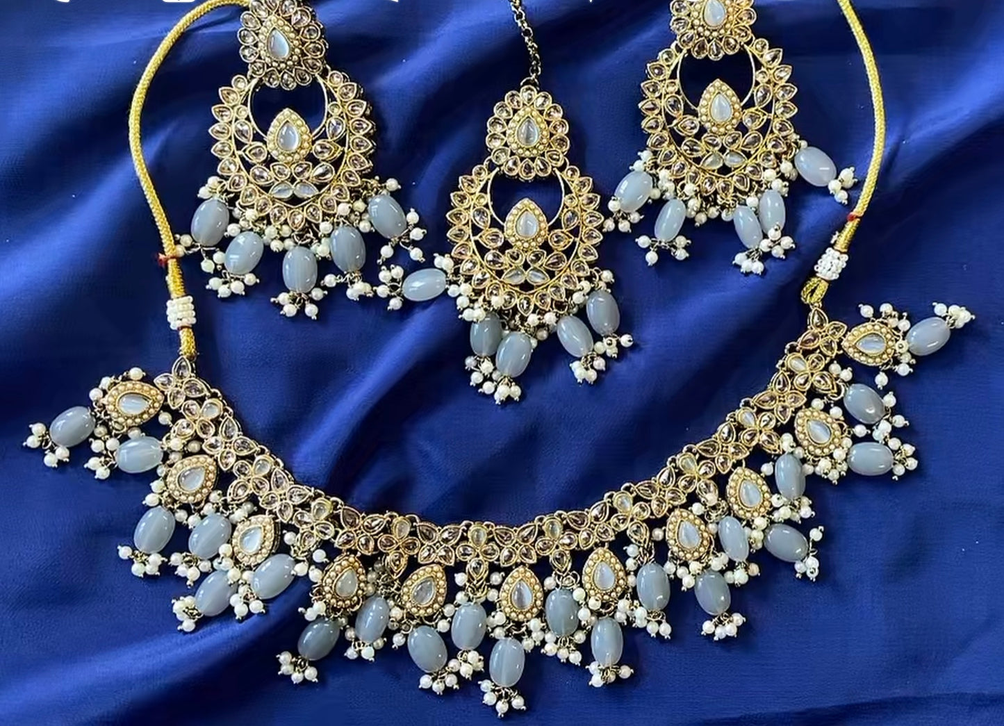 Necklace set with earrings & tikka, Colour: Grey, Code: X40