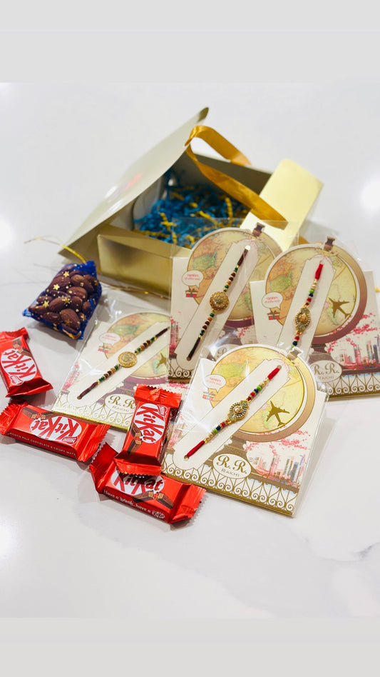 Rakhi / Rakhdi gift hamper box with 4 Rakhi’s and sweets + Dry fruits- ( Assorted designs )