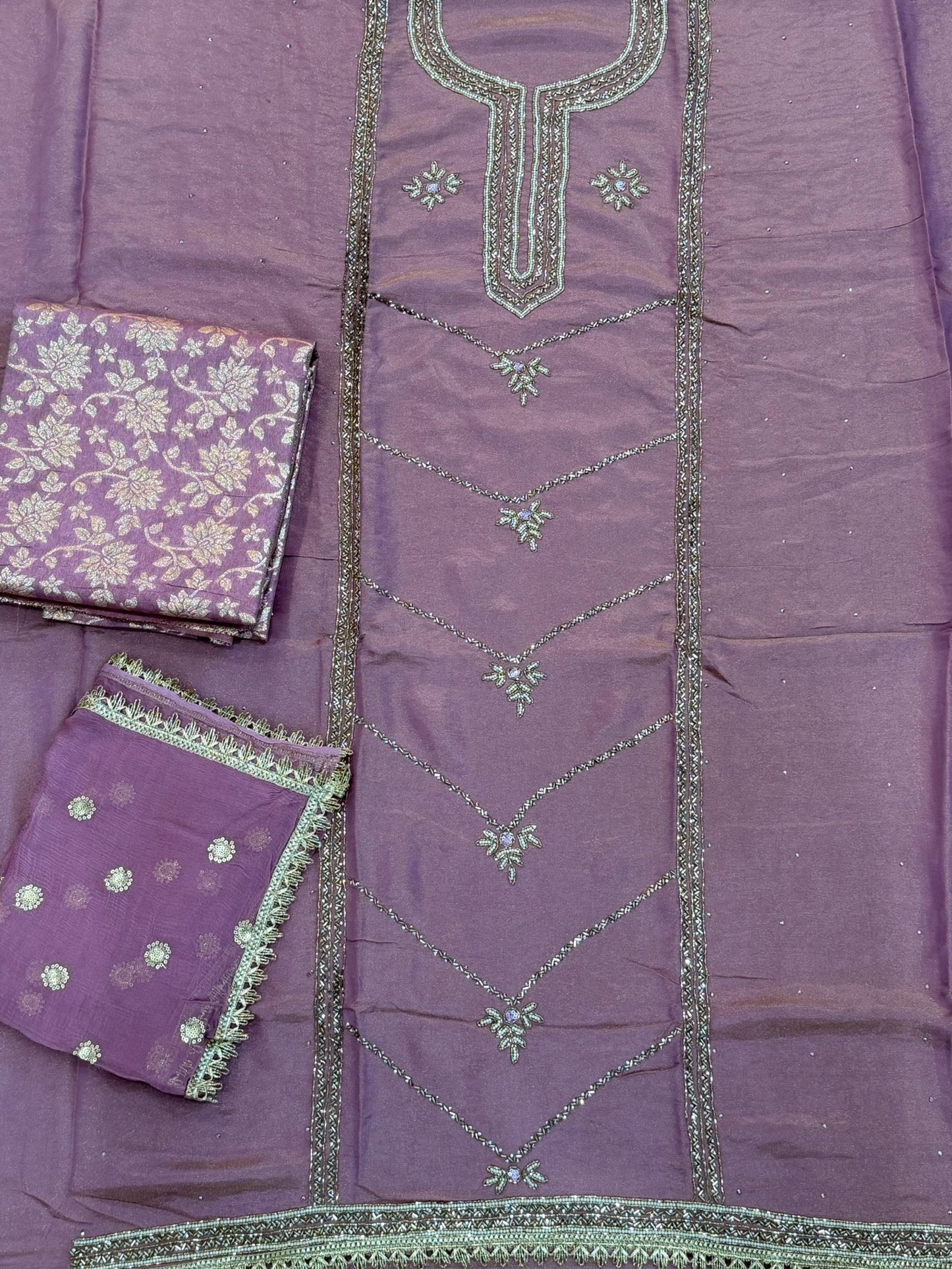 Unstitched handwork Suit - shirt: shimmer silk , bottom : Banarsi , Duppata : chiffon ( Colour- Mauve )