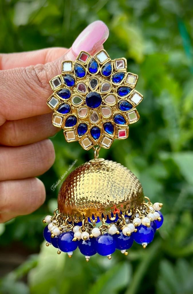 Blue Jhumka earrings in mirror with matt solid copper base ( high quality )