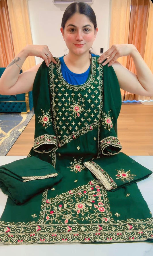 Party wear hand + tilla work suit (Colour: bottle green), Code: 198