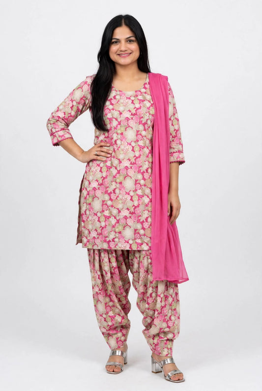 Premium quality floral cotton suit in light pink - Code 305