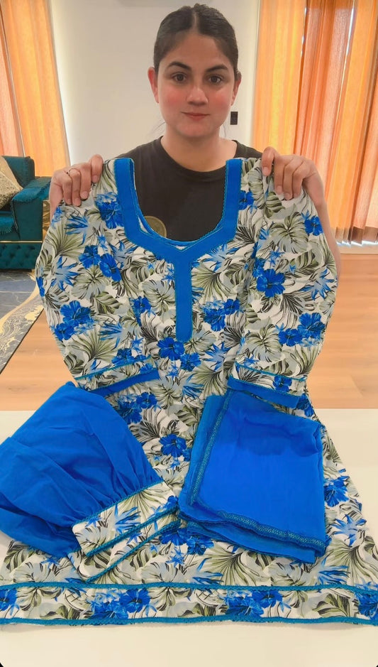 Cotton Printed Boutique Stitched Suit, Colour: Blue, Code: 204