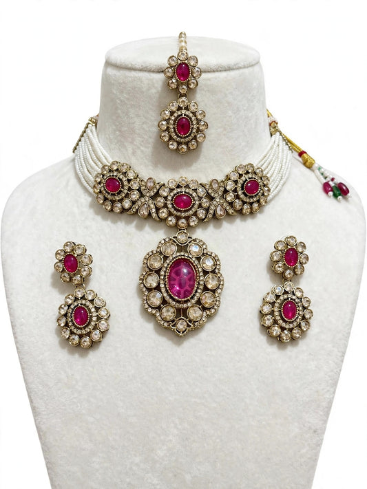 Stone Necklace set with earrings , Colour: Pink , (Code: X22)