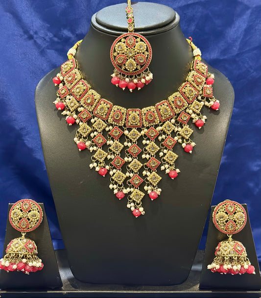 Necklace set with earrings and tikka in polki, Colour: Pink, Code: 107
