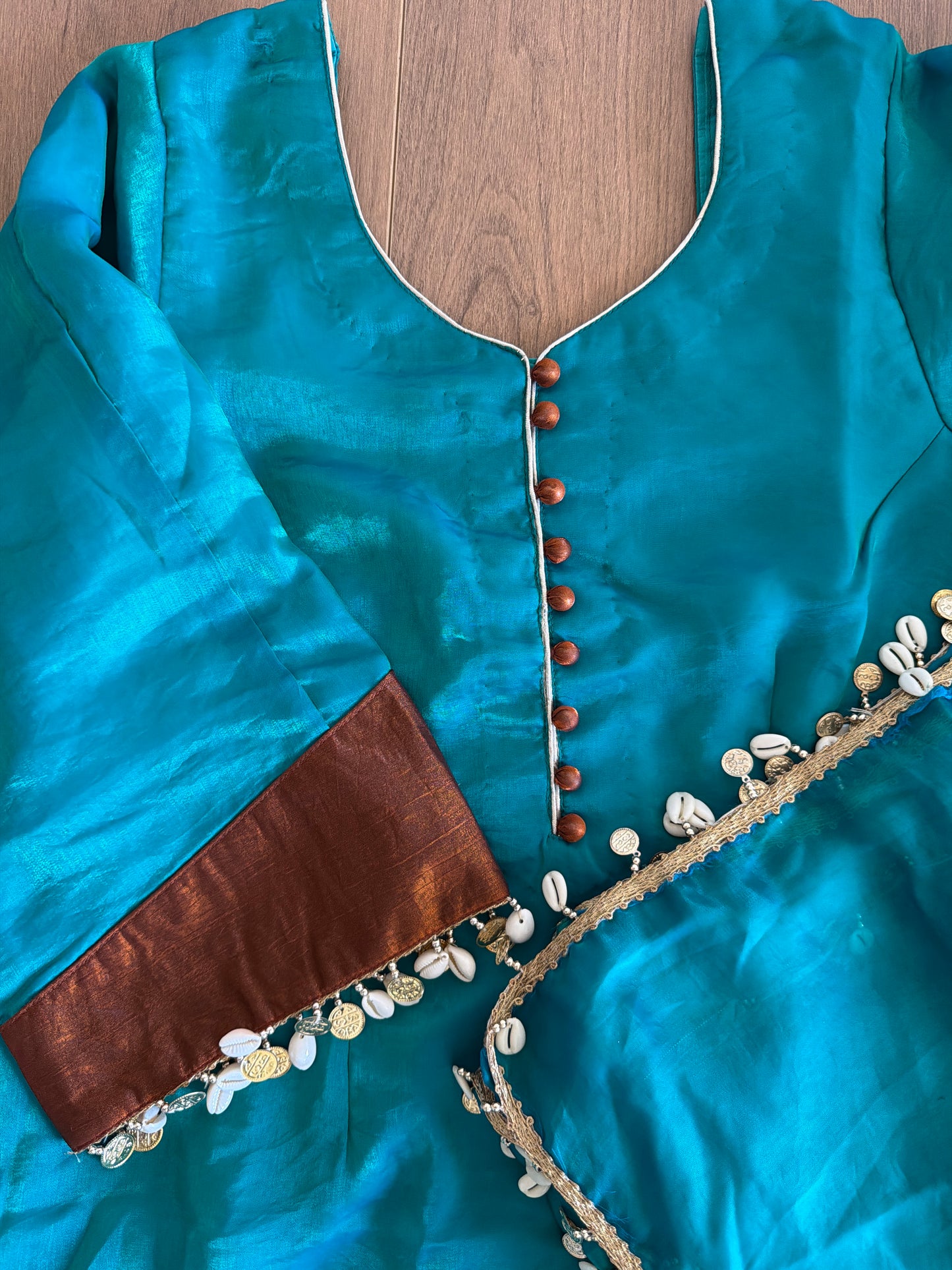 Farshi salwar suit in contrast of peacock & brown - Code 029
