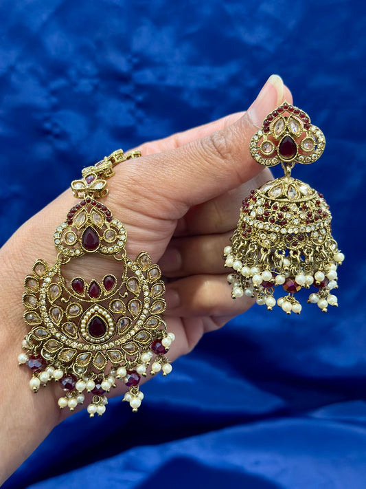Earrings with tikka in polki, Colour: Maroon, Code: 090
