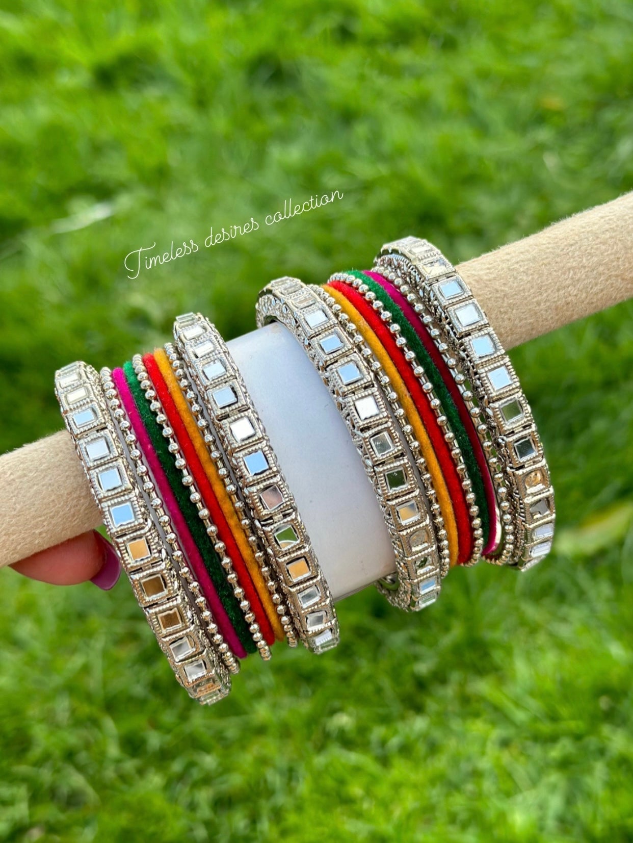 Multi mirror bangles set with silver kangan ( both hands )