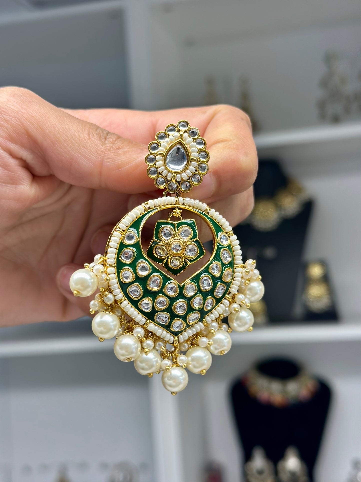 Meena kundan pearl loaded earrings  in golden