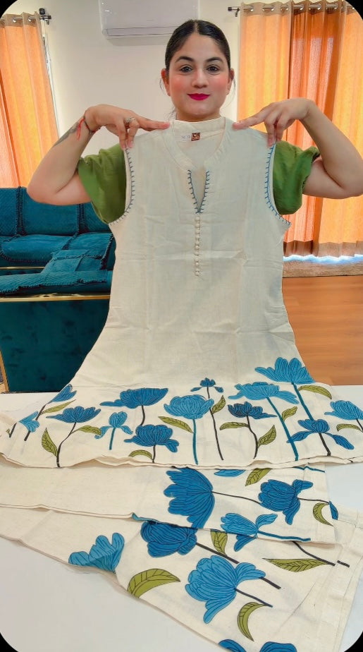 Digital print front back khadi cotton fabric (sleeves inside), Colour: off white, Code: 163