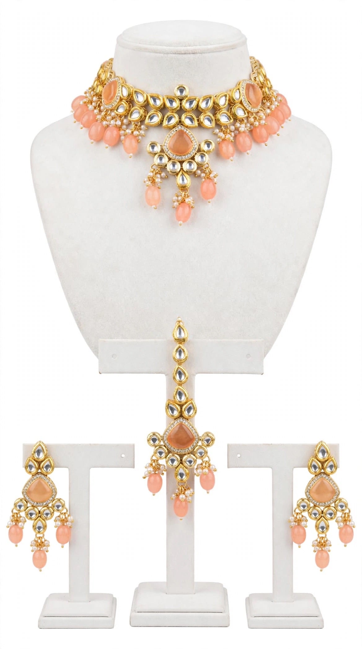 Peach necklace / choker set in kundan with Mona Lisa ( with Sharara chain attached earrings)- N22