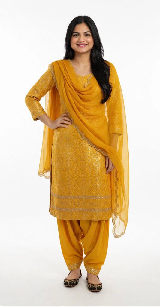 Farshi salwar suit in brocade with organza Duppata  ( colour:  yellow ) - Code: 262