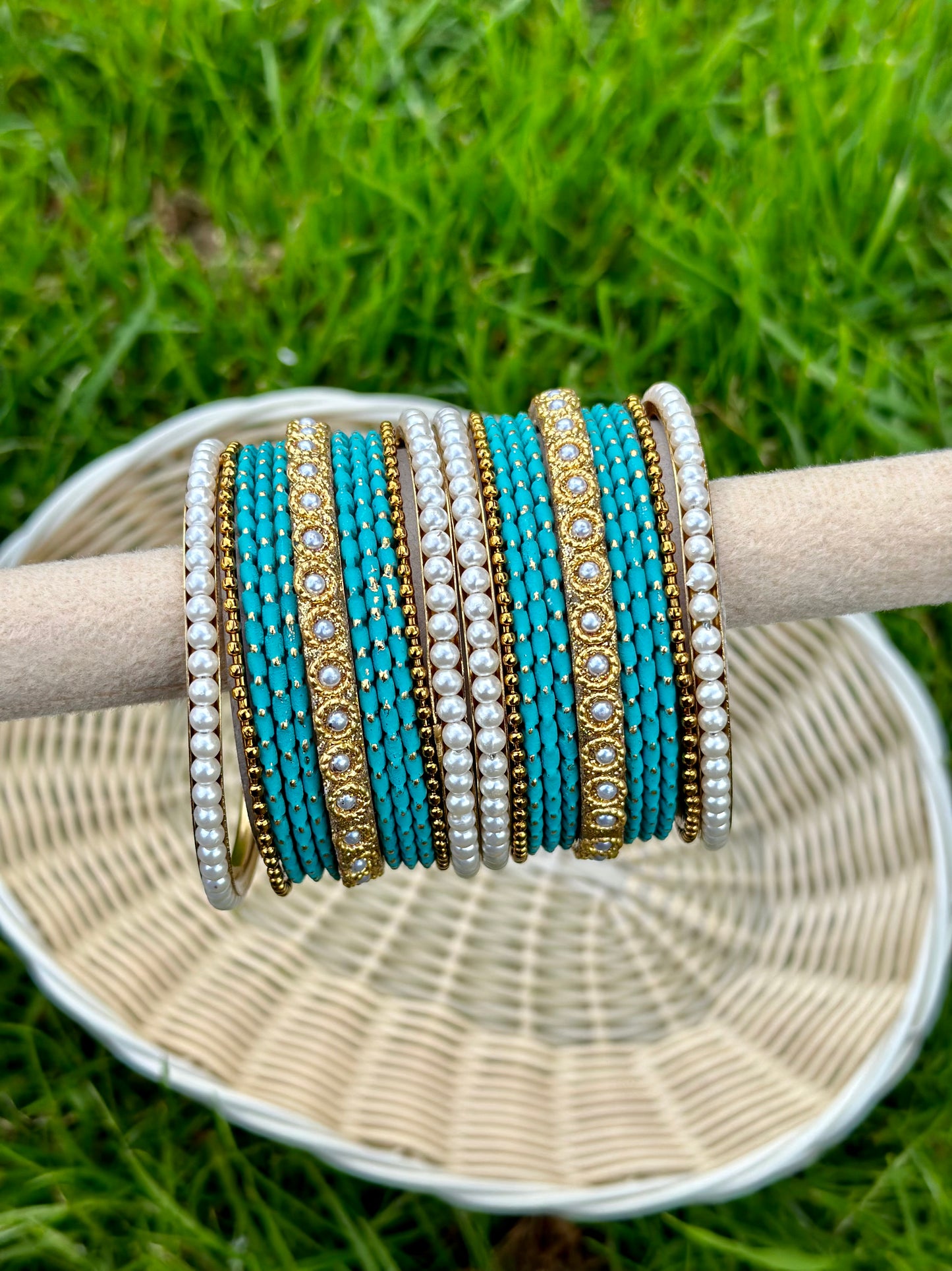 Sky Blue Pearl loaded bangles set ( both hands )