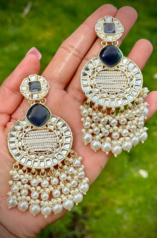 Blue pearls loaded earrings with Kundan