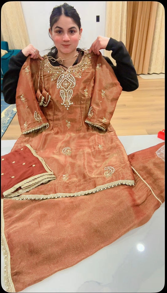 Taking Preorders Only, Timeframe 3-4 weeks, Handwork Sharara suit ( Colour - Chocolate Brown ) Code: 633
