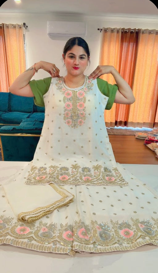 White Hand touch Sharara suit on Georgette ( Note- Minor marks as Manufacturing error on Bottom ) Picture attached ——- ON Clearance