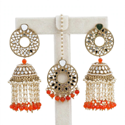 Orange pearl drop Jhumka earrings and tikka set in mirror