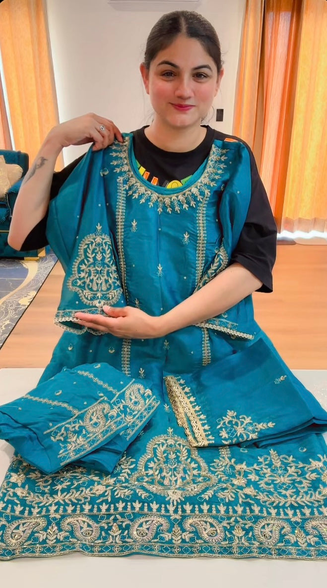 Partywear hand + tilla work suit (Colour: peacock), Code: 248