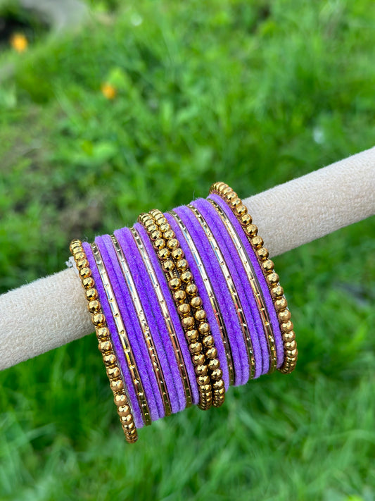 Lavender Purple velvet bangles set with golden beaded kangan’s