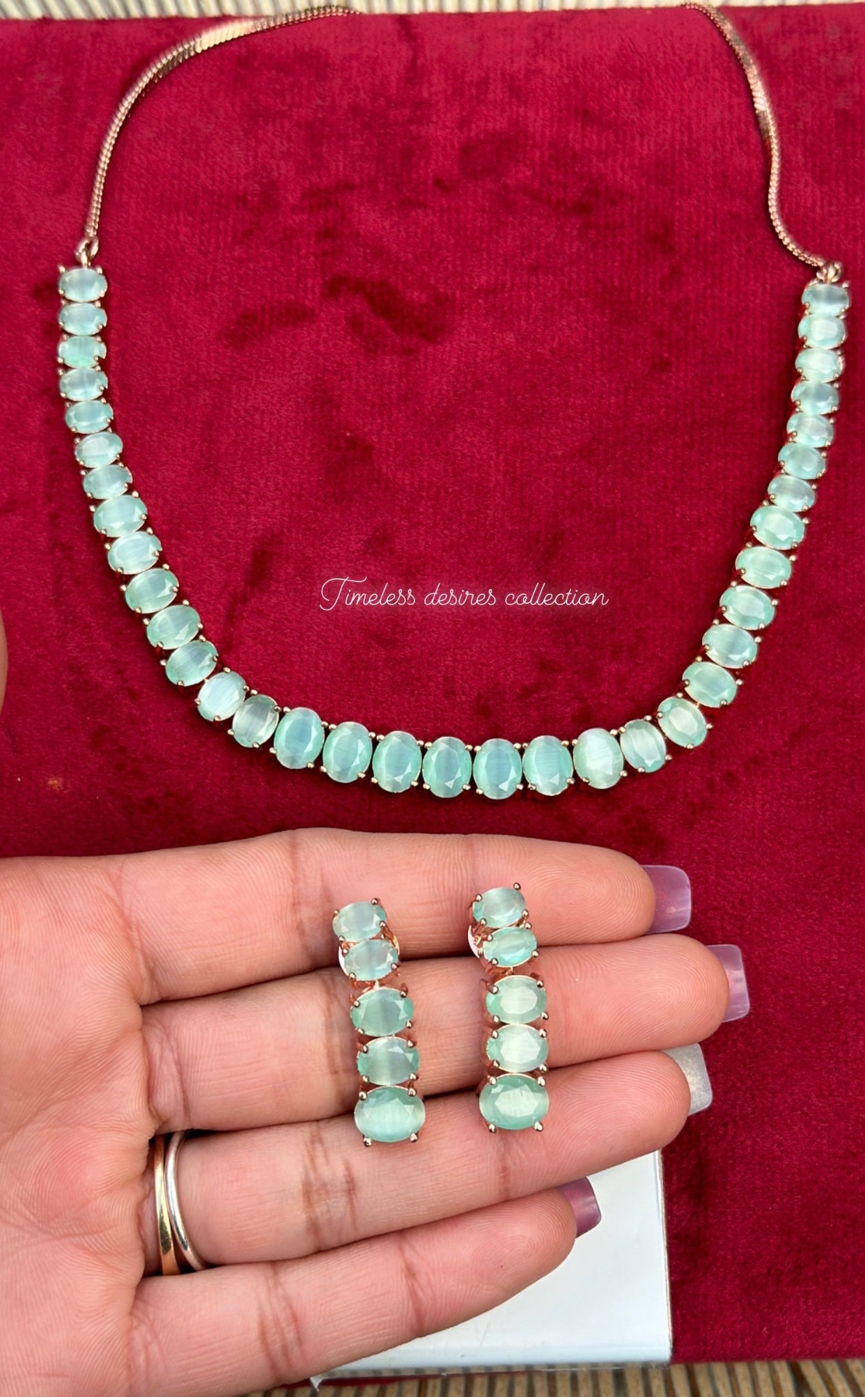 Mint green American diamond necklace set in rose golden
