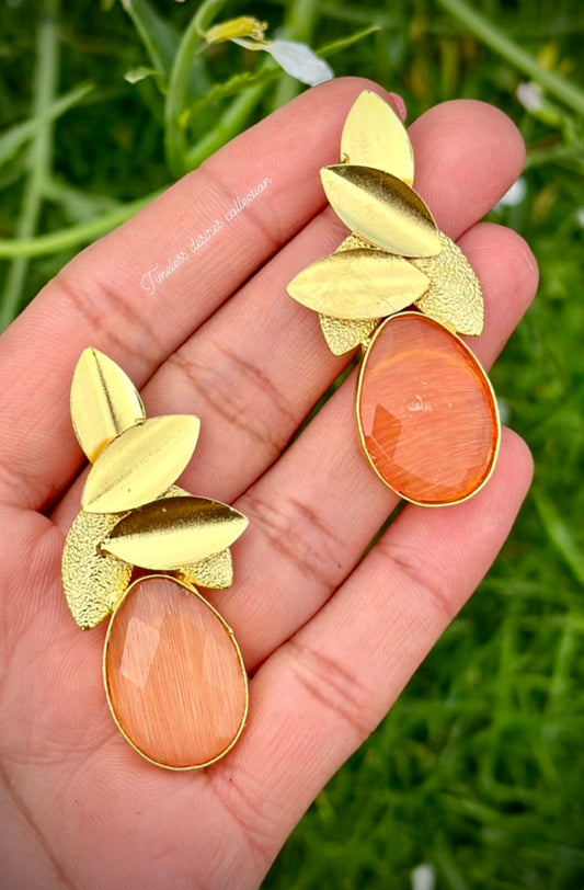 Peach western style earrings with monalisa stones in 22 KT gold plating