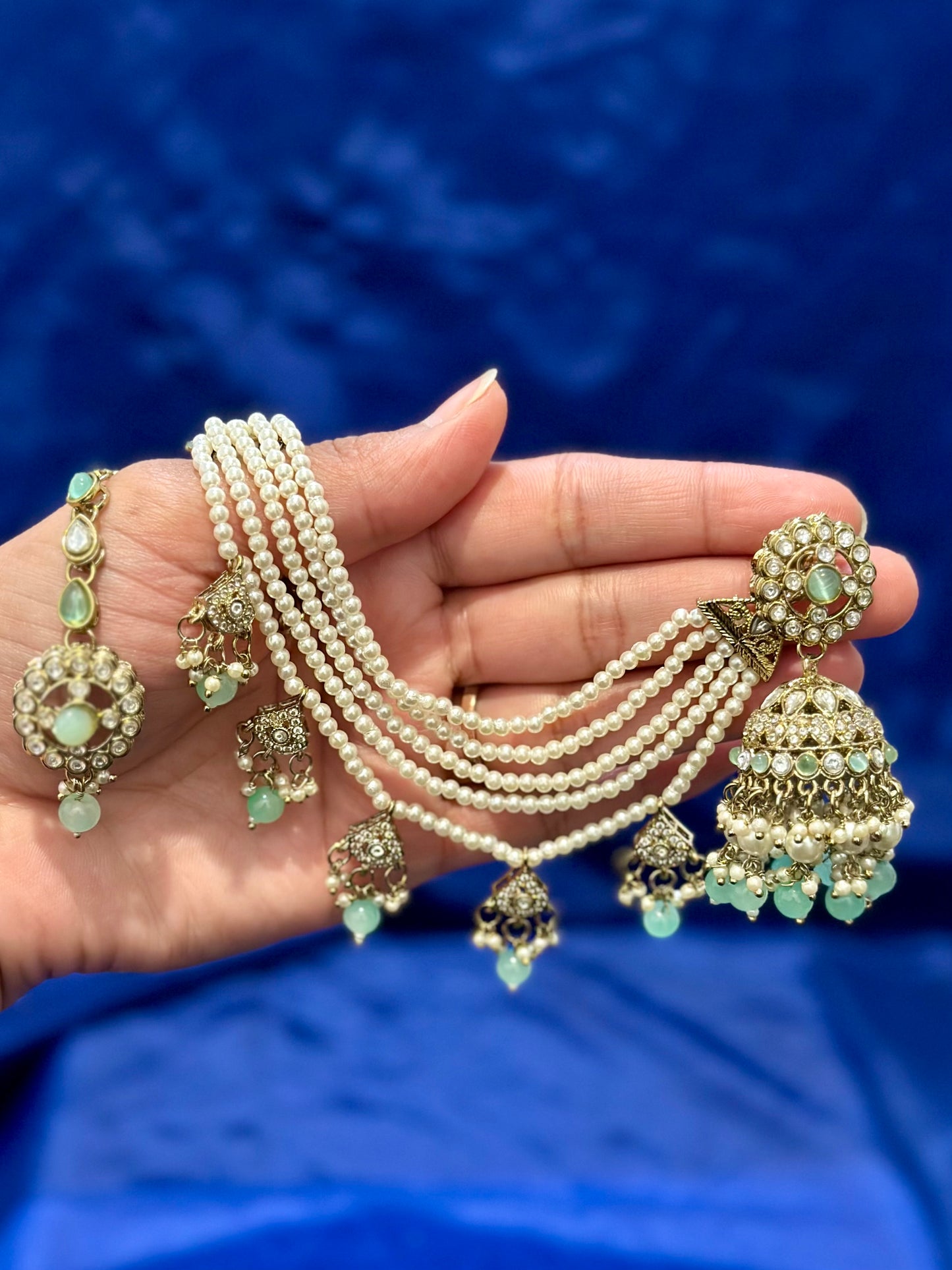 Bahubali Earrings with tikka in Kundan, Colour: Mint, (Code:098)