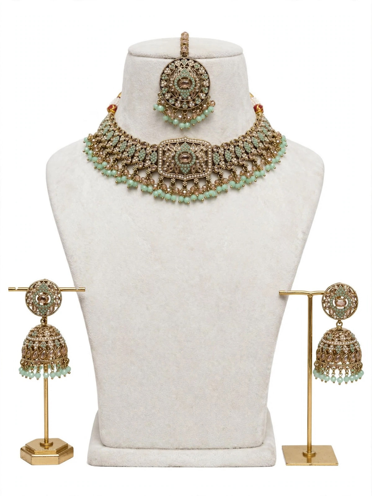 Necklace set with earrings and tikka in polki, Colour: Mint, Code: 087