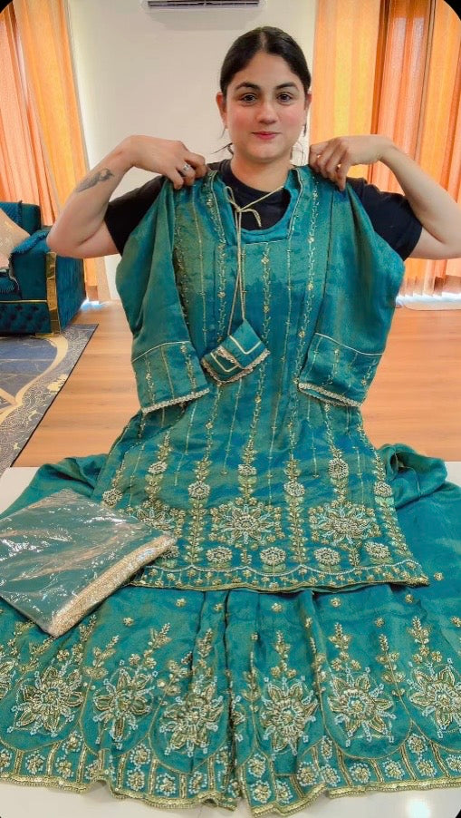 Party wear Sharara suit - ( Colour Rama green ) : Code 923