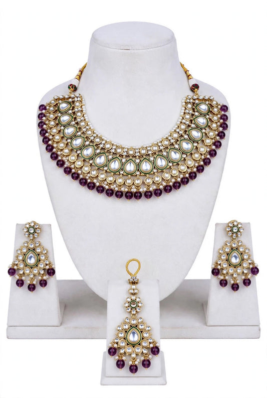 Wine or purple necklace / choker set in Kundan with antique polish ( high quality )- N44
