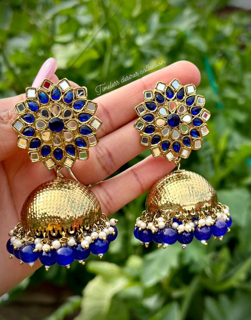 Blue Jhumka earrings in mirror with matt solid copper base ( high quality )