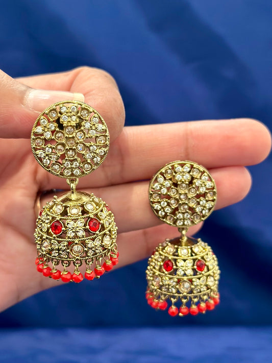 Jhumki Earrings in polki, Colour: Red, (Code:098)