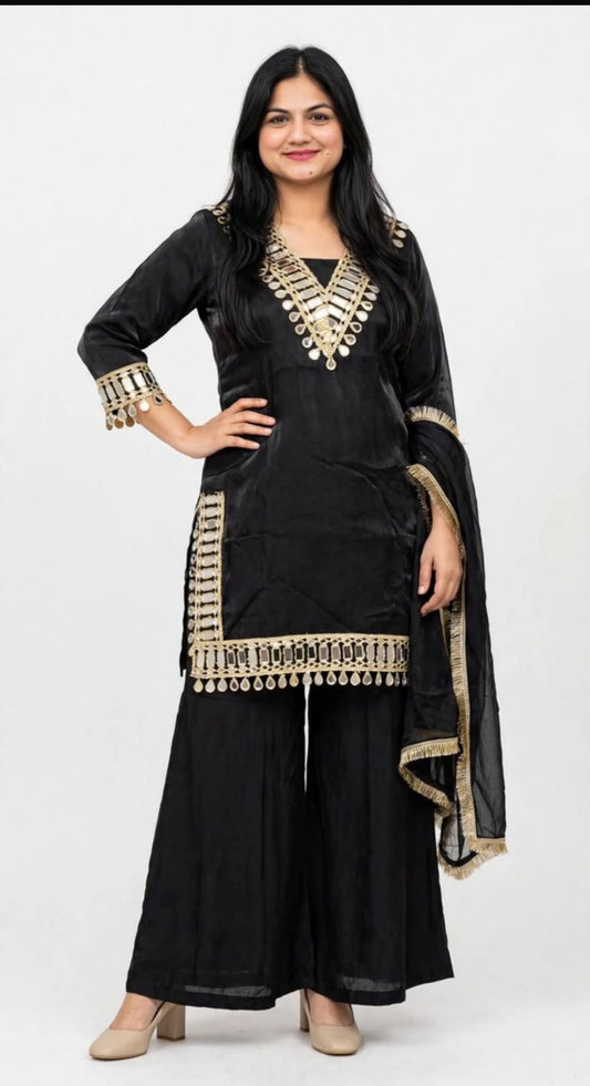 Indo western Mirror work party wear suit in glass silk fabric in colour Teal Blue, price with free earrings, Code: RE54