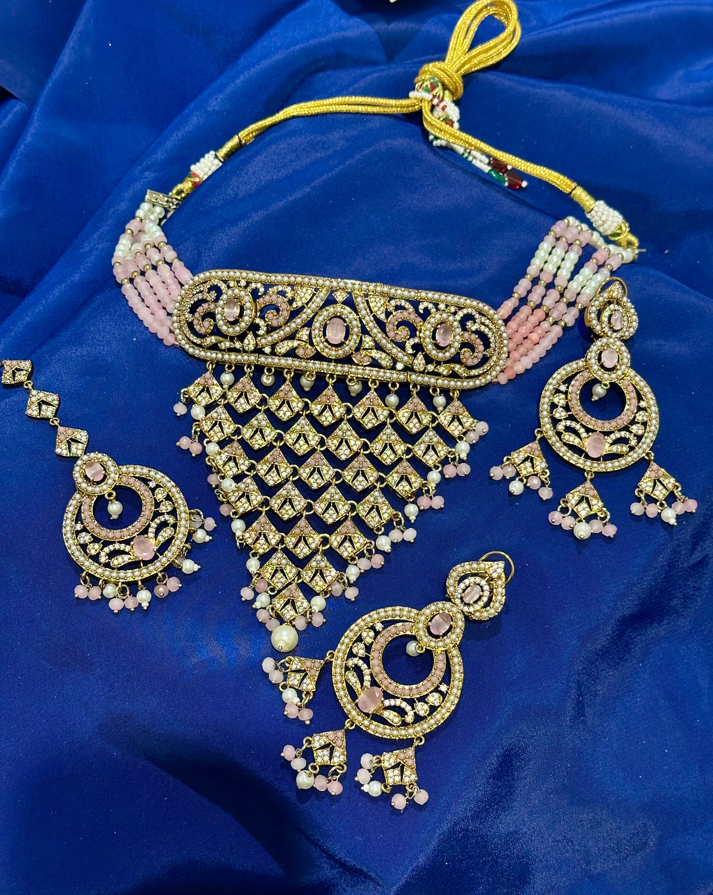 AD-Jadau Necklace set with earrings (Premium Quality), Colour: Baby pink, (Code: X12)