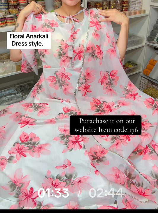 Item Code 176 - ( colour peachy orange)  2 PC Floral Anarkali with duppta - Size 40-42 means L -XL