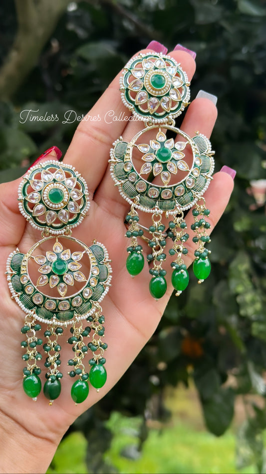 Green pearl loaded earrings in meenakari