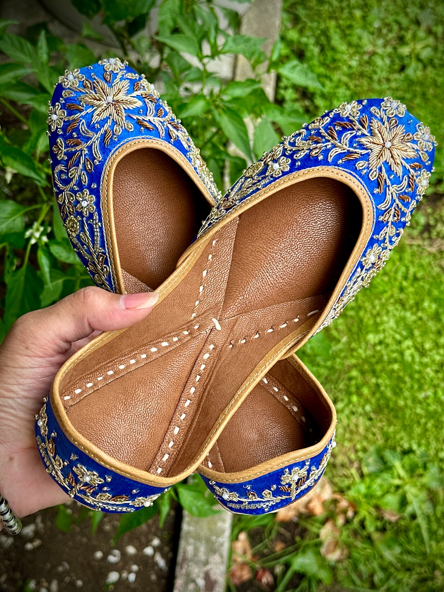 Punjabi jutti in blue colour with hand work