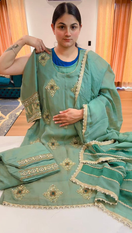 Party wear hand work suit (Colour: pastel sea green), Code: 192