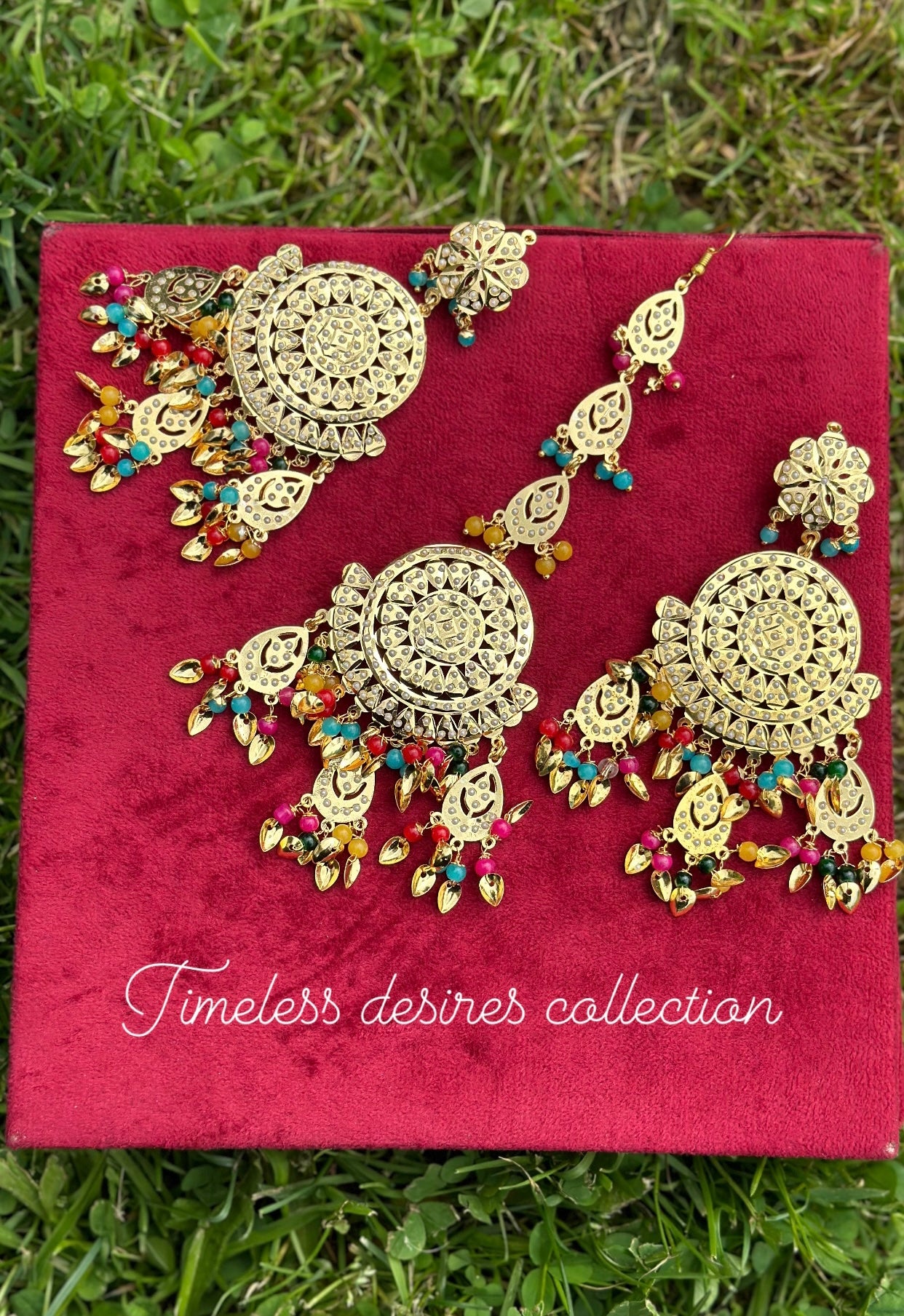 Golden multi colour earrings with tikka