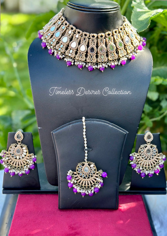 Purple pearl loaded choker / necklace set in mirror