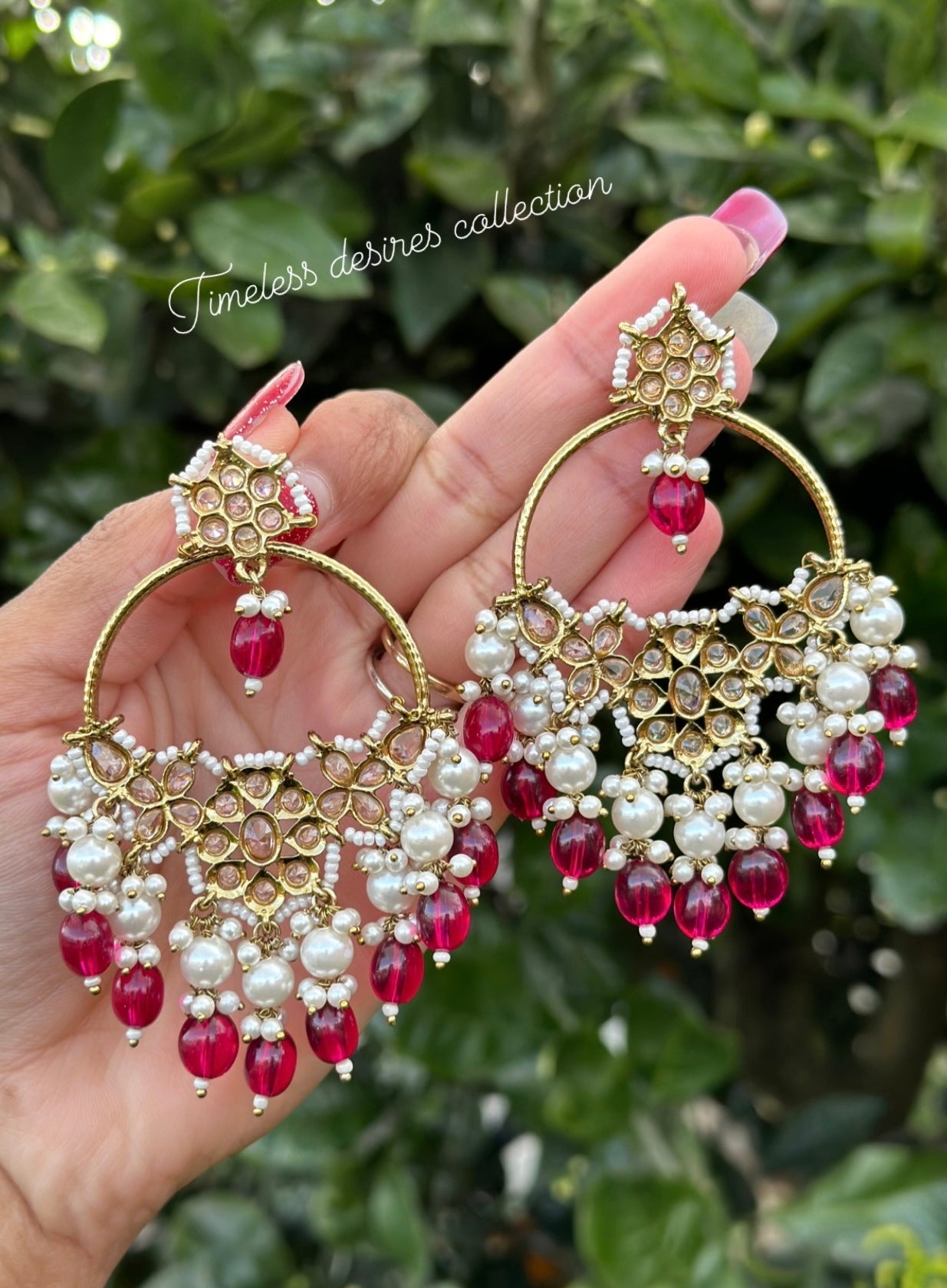 Magenta or dark Pink Waliya earrings in reverse AD