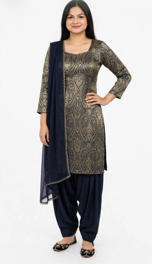 Blue Brocade Kheen Khab - salwar suit ( Round Neck )- Code: 255