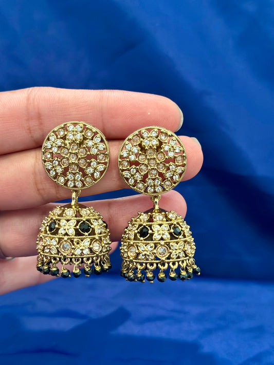 Jhumki Earrings in polki, Colour: Black, (Code:097)