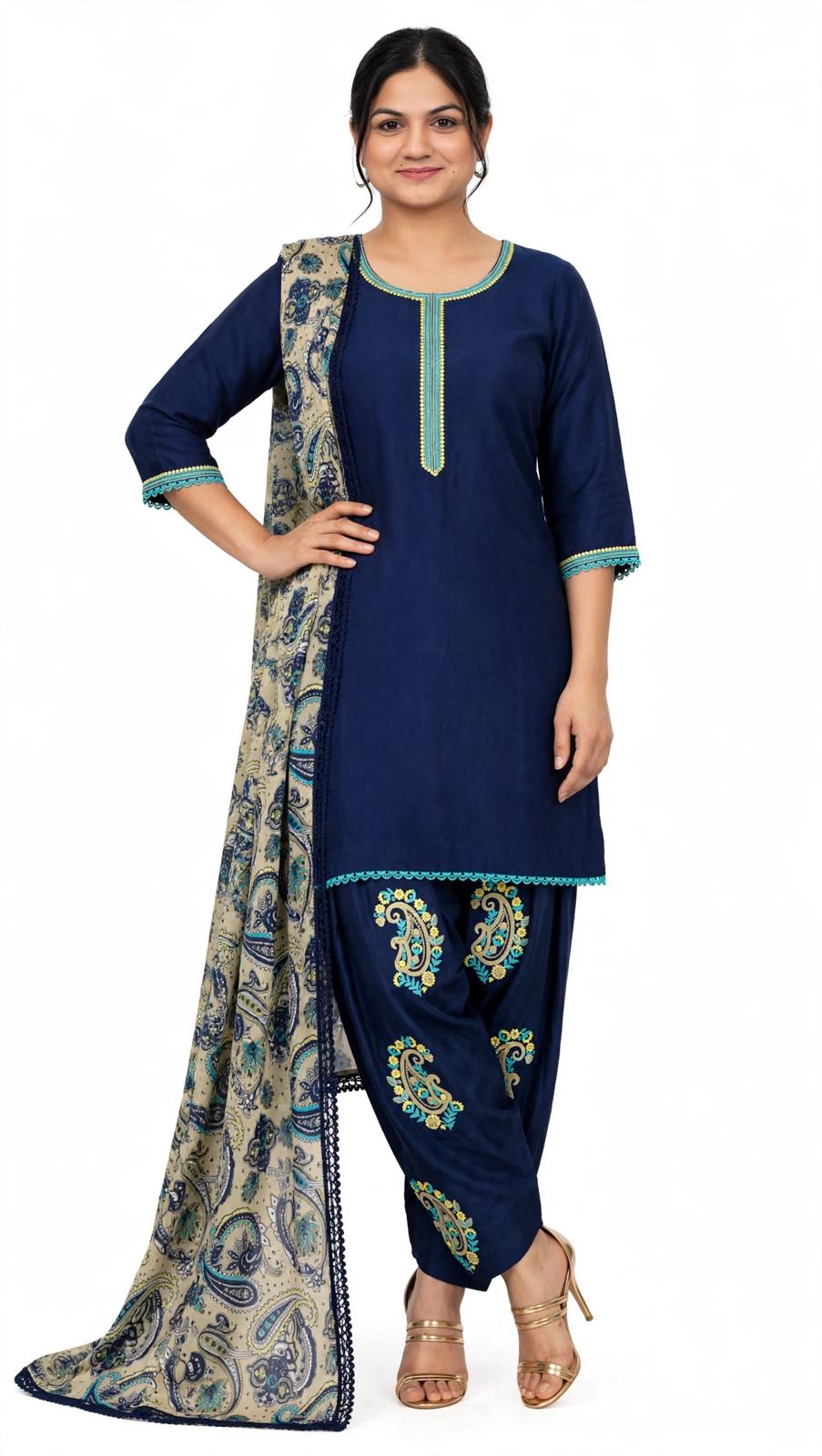 Sardari look trending suit on Twill Organza with crape embroidered salwar with pure digital printed satin duppta - Colour : Navy blue ( Code- 111 )