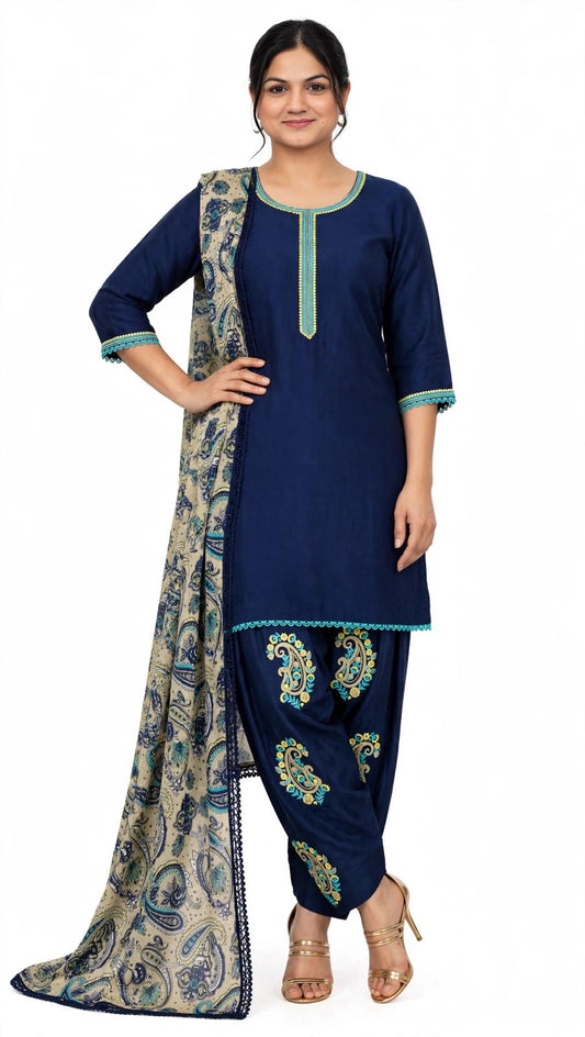 Sardari look trending suit on Twill Organza with crape embroidered salwar with pure digital printed satin duppta - Colour : Navy blue ( Code- 111 )