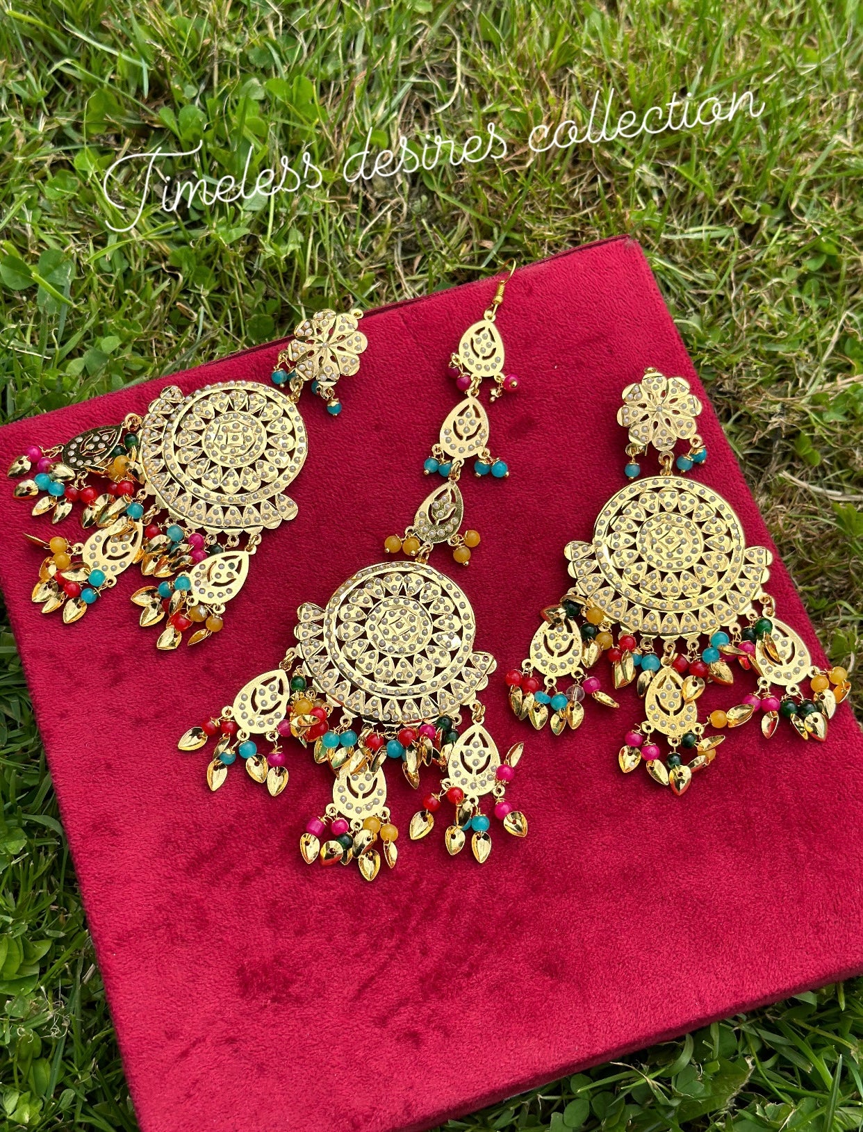 Golden multi colour earrings with tikka